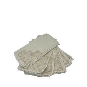 Vintage Linen Crocheted Edge Napkins Set of 6 Floral Corner Cream Colored